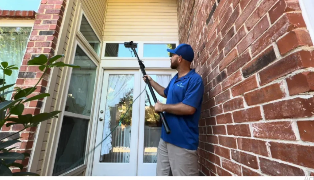 Water-fed pole cleaning second-story windows on a hillside home